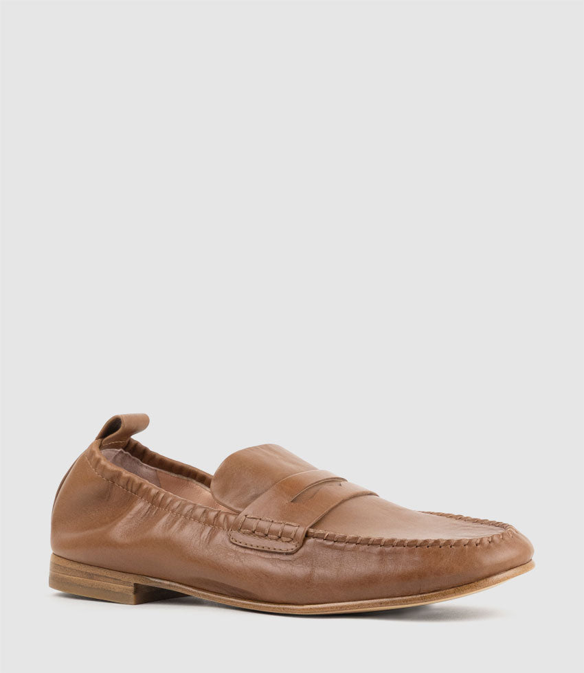 HARLENE Elastic Back Moccasin in Brown Calf - Edward Meller