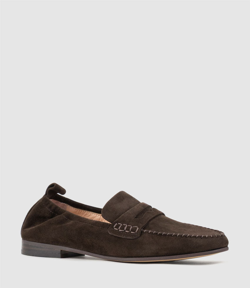 HARLENE Elastic Back Moccasin in Chocolate Suede - Edward Meller