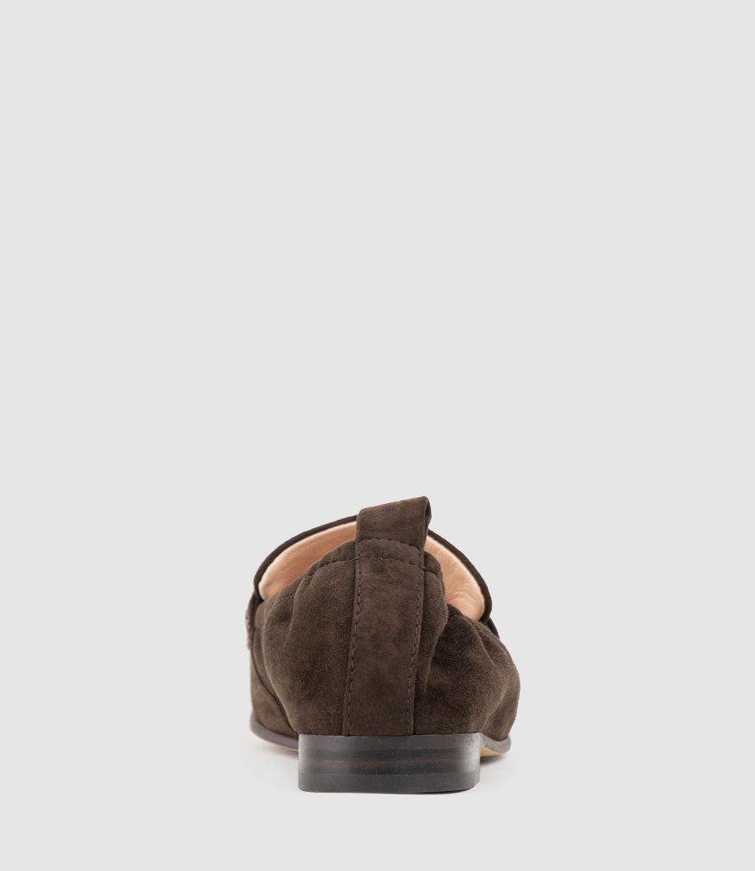 HARLENE Elastic Back Moccasin in Chocolate Suede - Edward Meller