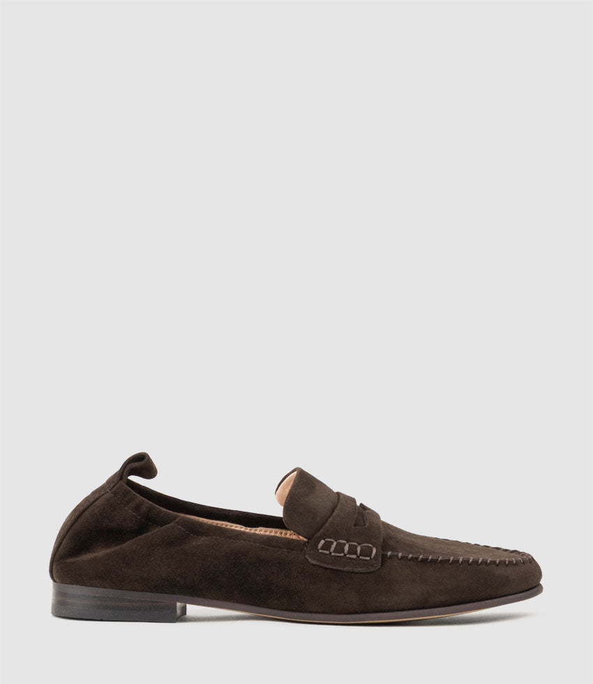 HARLENE Elastic Back Moccasin in Chocolate Suede - Edward Meller