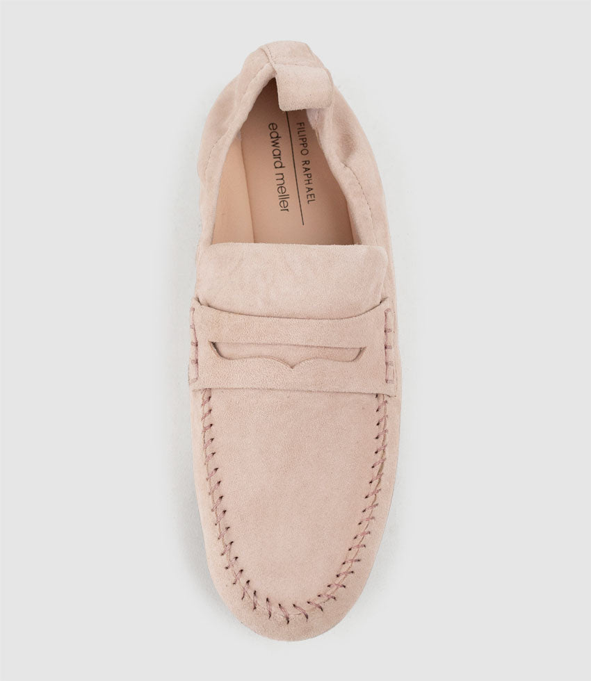 HARLENE Elastic Back Moccasin in Chocolate Suede - Edward Meller