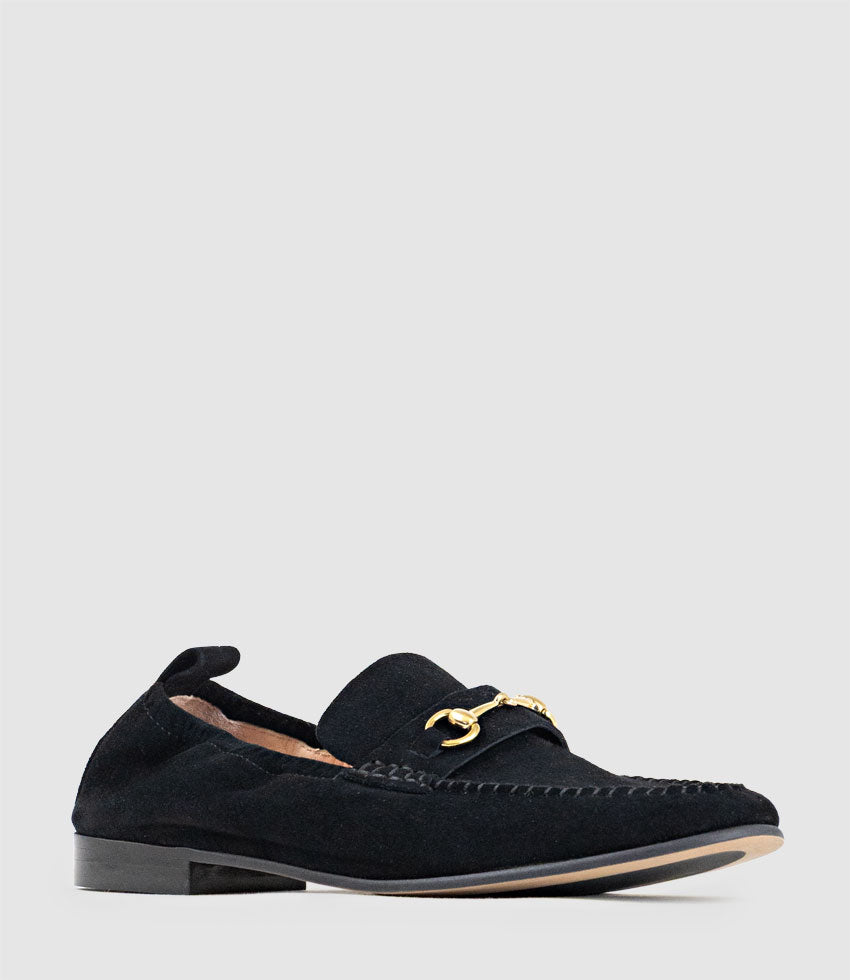HARLOW Elastic Back Moccasin in Black Suede - Edward Meller