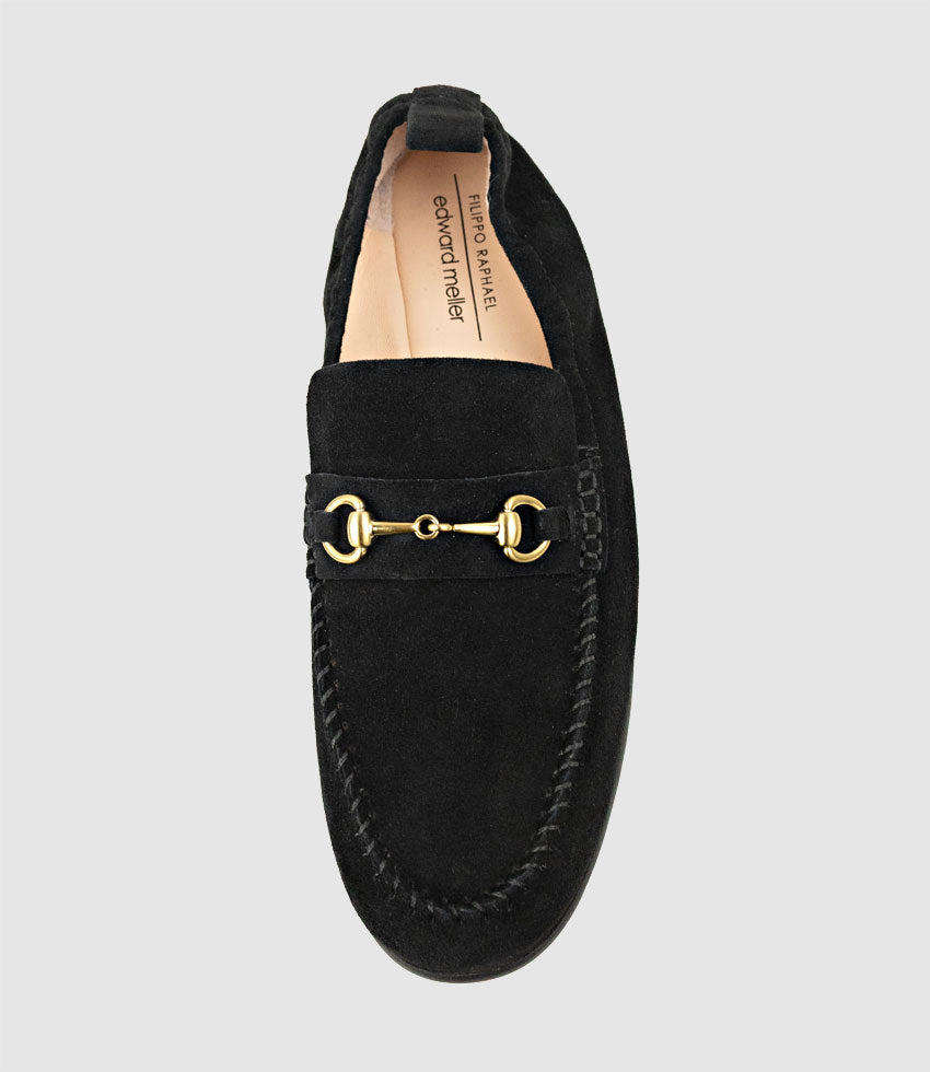 HARLOW Elastic Back Moccasin in Black Suede - Edward Meller