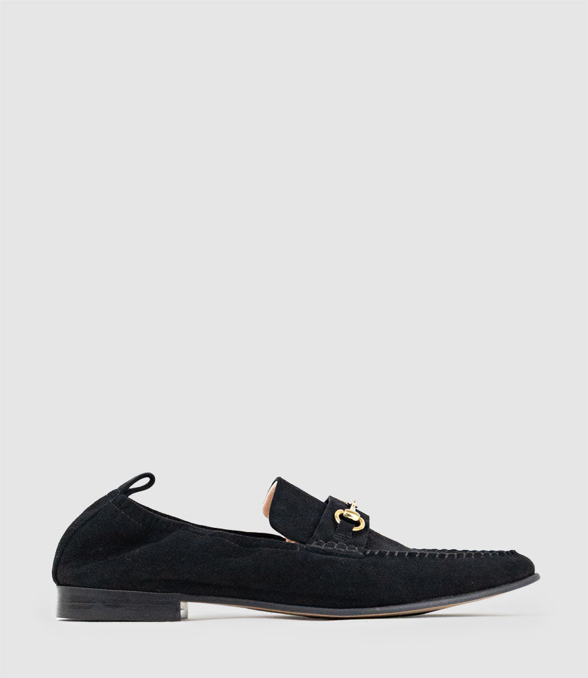 HARLOW Elastic Back Moccasin in Black Suede - Edward Meller