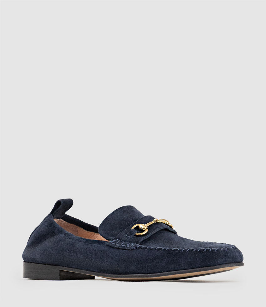 HARLOW Elastic Back Moccasin in Ink Suede - Edward Meller
