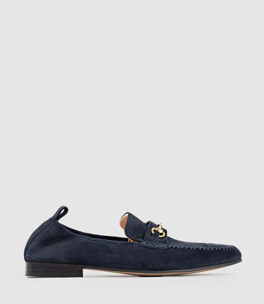 HARLOW Elastic Back Moccasin in Ink Suede - Edward Meller
