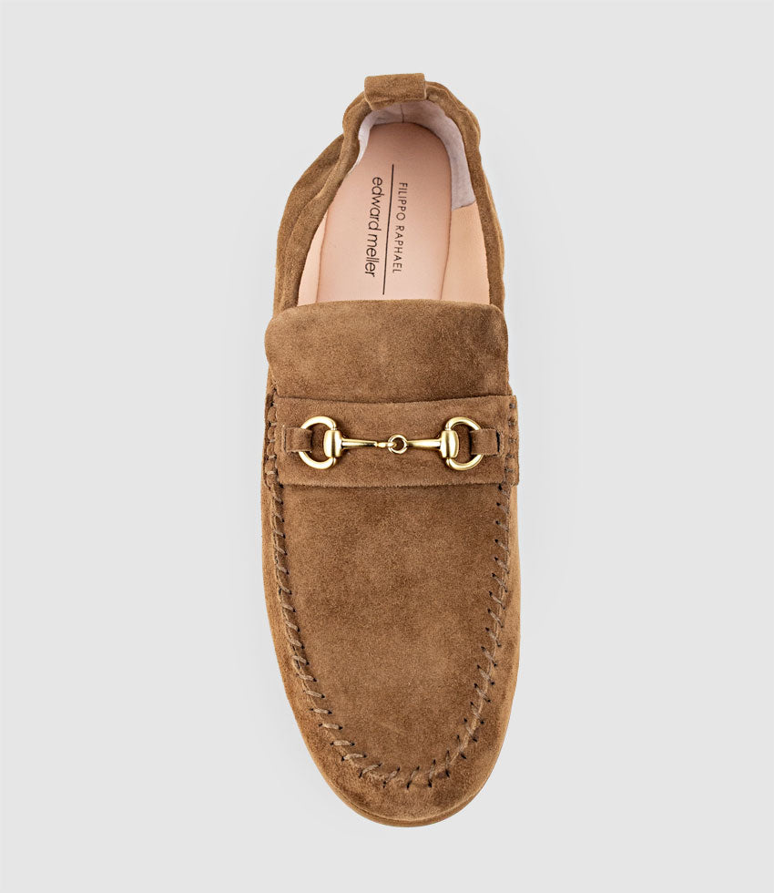 HARLOW Elastic Back Moccasin in Tan Suede - Edward Meller