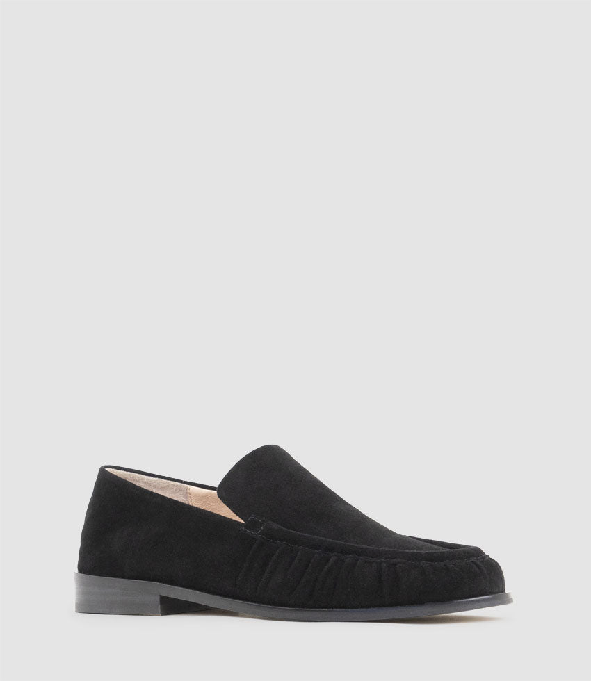 HAVEN Ruched Loafer in Black Suede - Edward Meller
