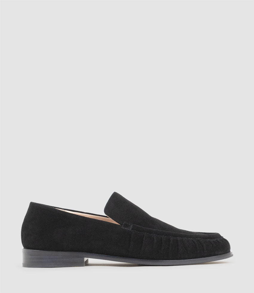 HAVEN Ruched Loafer in Black Suede - Edward Meller
