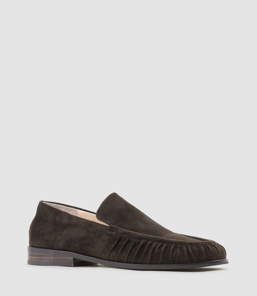 HAVEN Ruched Loafer in Chocolate Suede - Edward Meller