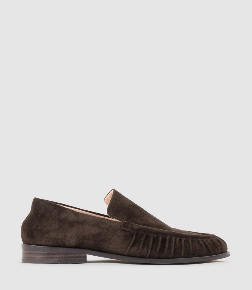 HAVEN Ruched Loafer in Chocolate Suede - Edward Meller