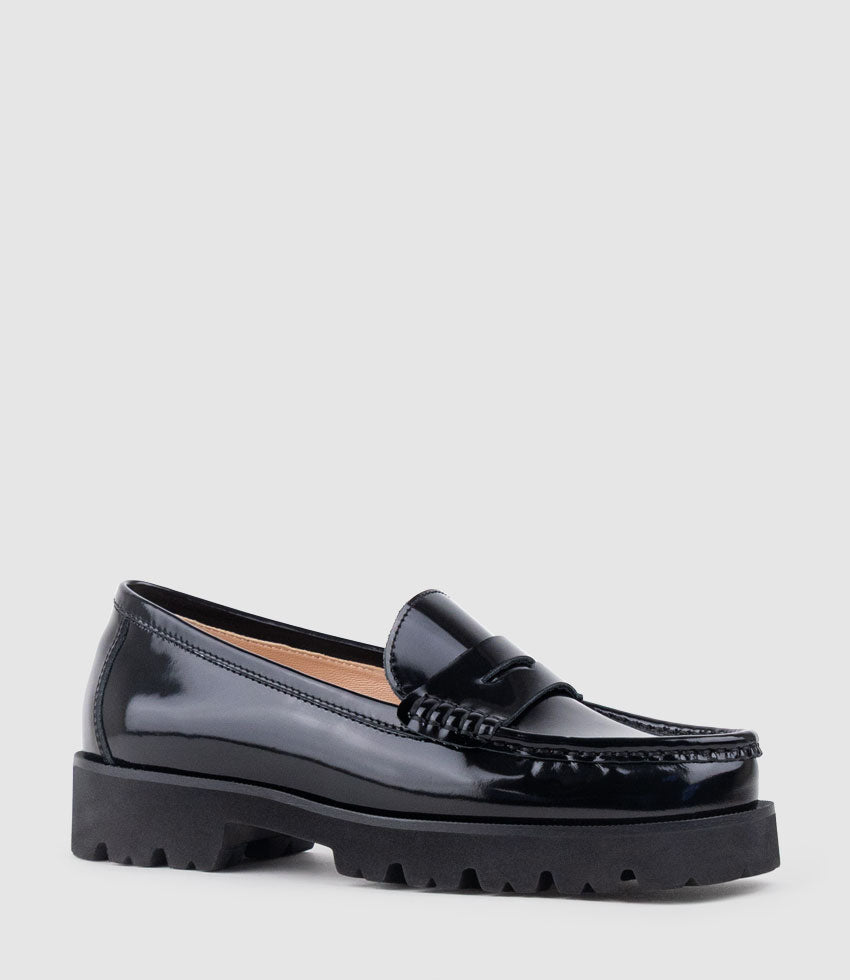 HENDRIX Penny Loafer on Chunky Sole in Black High Shine - Edward Meller