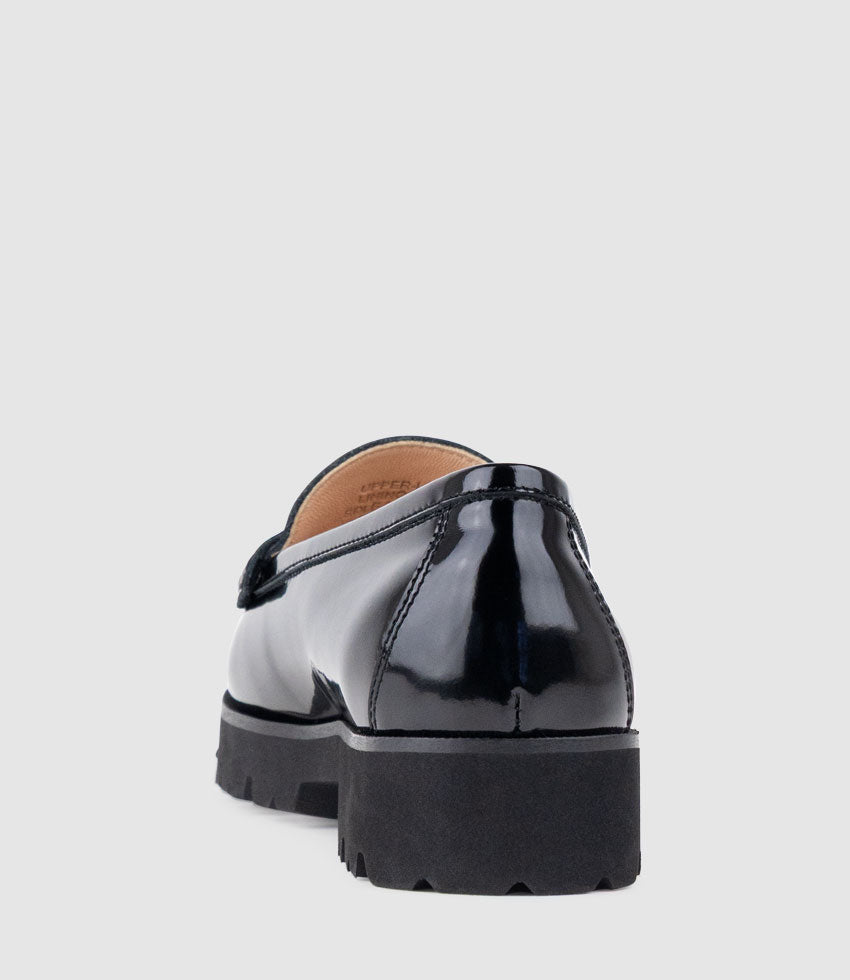 HENDRIX Penny Loafer on Chunky Sole in Black High Shine - Edward Meller