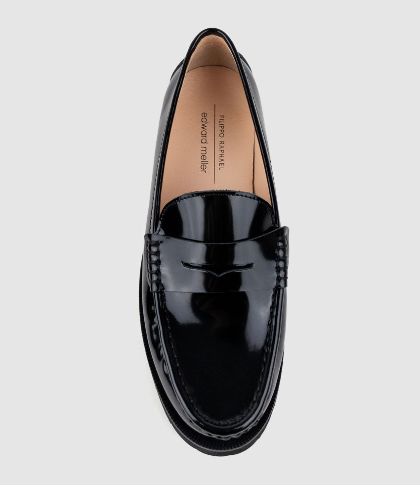 HENDRIX Penny Loafer on Chunky Sole in Black High Shine - Edward Meller
