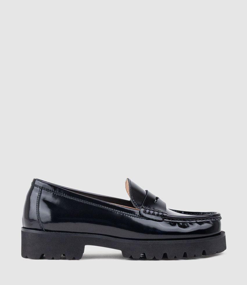 HENDRIX Penny Loafer on Chunky Sole in Black High Shine - Edward Meller