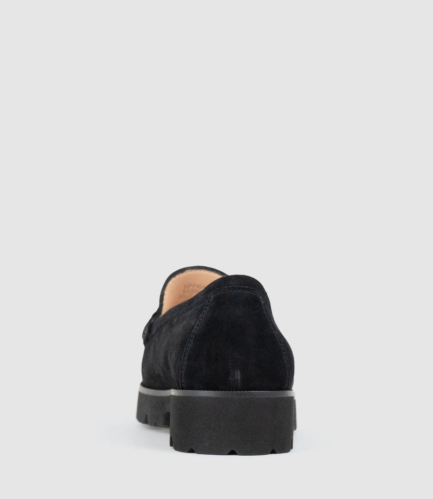 HENDRIX Penny Loafer on Chunky Sole in Black Suede - Edward Meller
