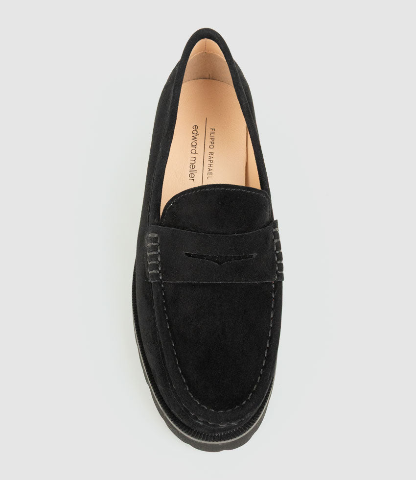 HENDRIX Penny Loafer on Chunky Sole in Black Suede - Edward Meller