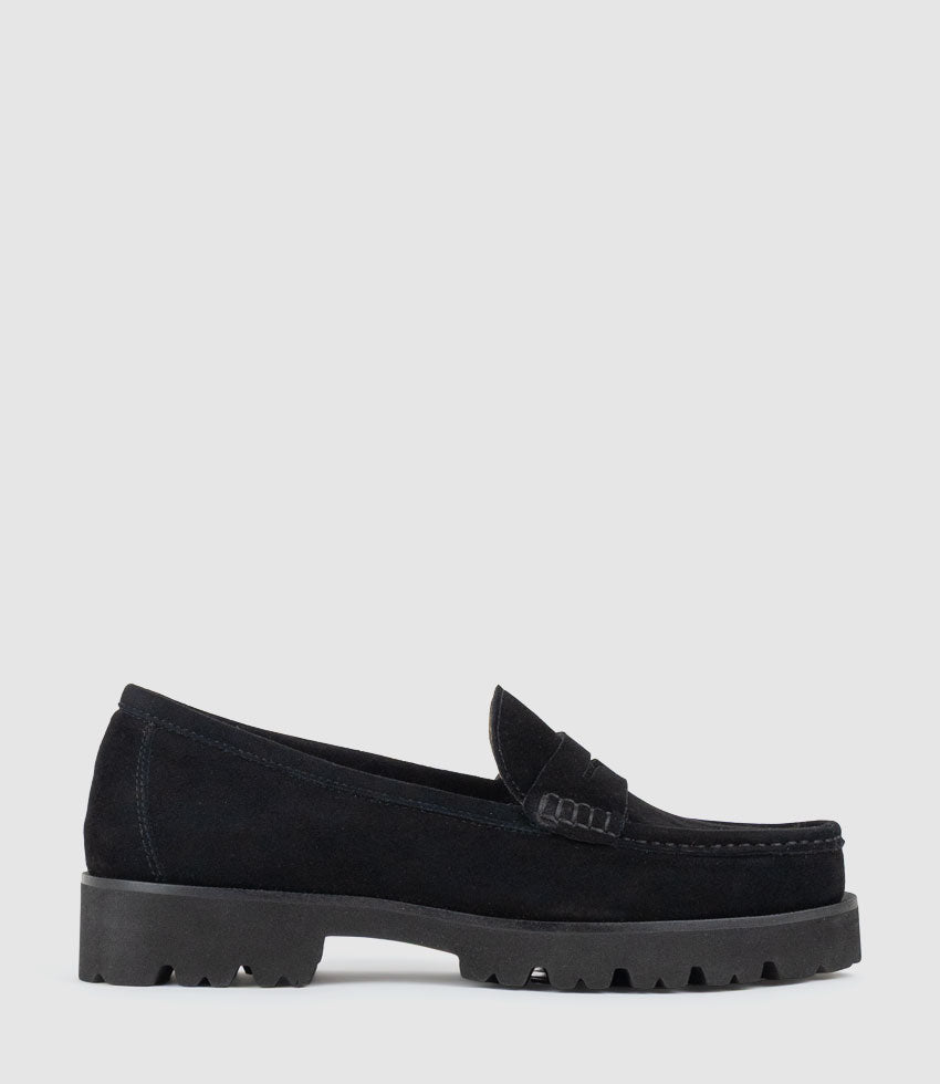 HENDRIX Penny Loafer on Chunky Sole in Black Suede - Edward Meller