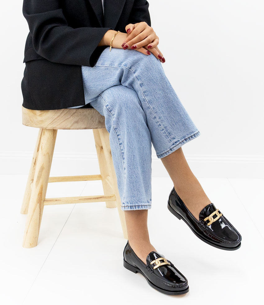 HINGE Penny Loafer with Trim in Black Patent - Edward Meller