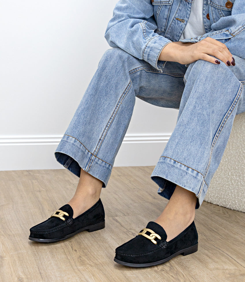 HINGE Penny Loafer with Trim in Black Suede