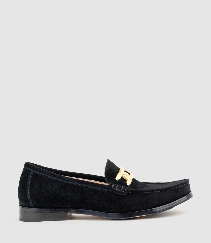 HINGE Penny Loafer with Trim in Black Suede - Edward Meller