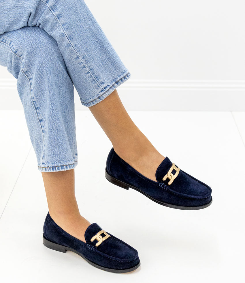 HINGE Penny Loafer with Trim in Navy Suede - Edward Meller