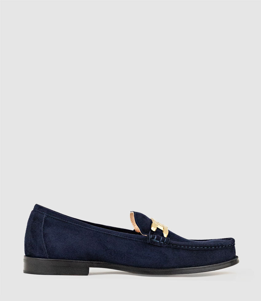 HINGE Penny Loafer with Trim in Navy Suede - Edward Meller