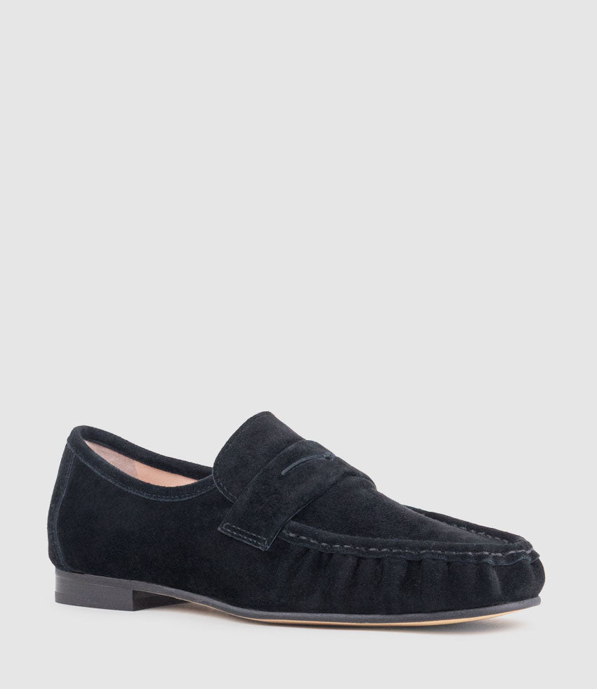 HYPER Ruched Moccasin in Black Suede - Edward Meller