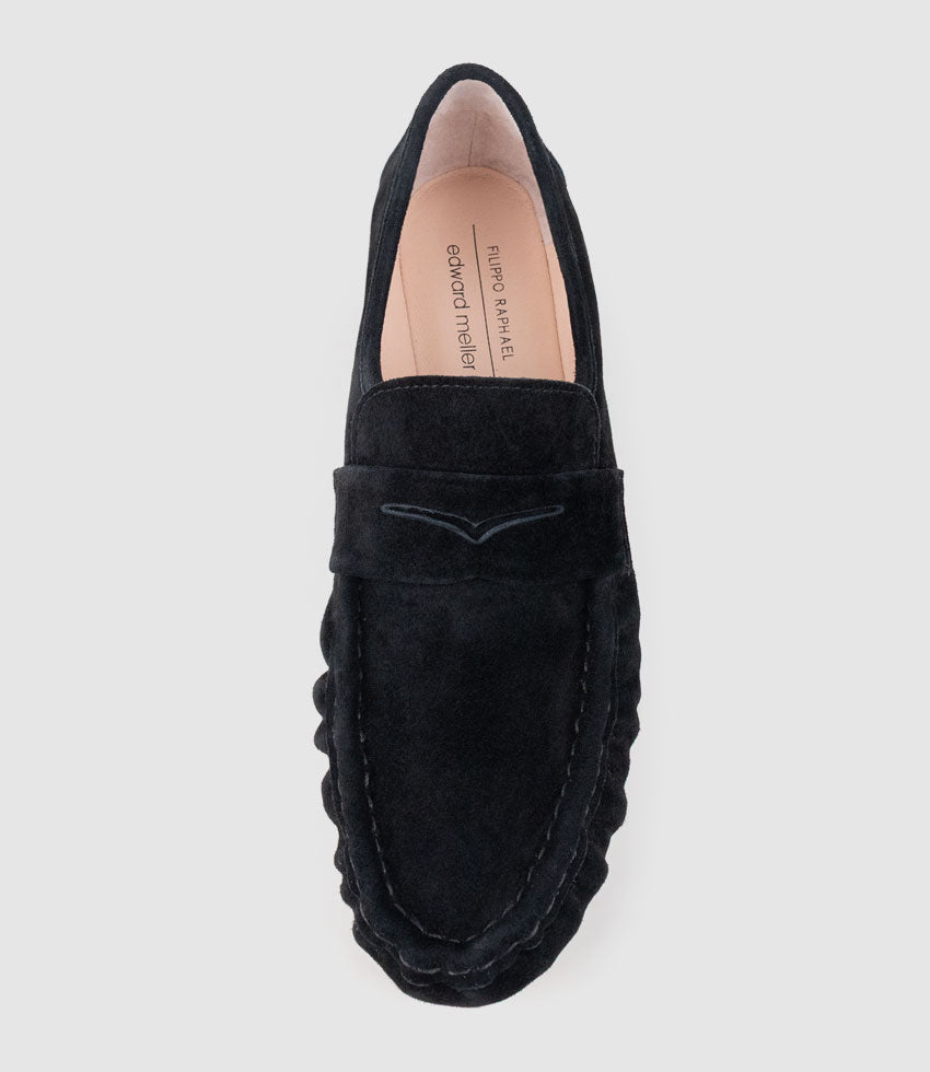 HYPER Ruched Moccasin in Black Suede - Edward Meller