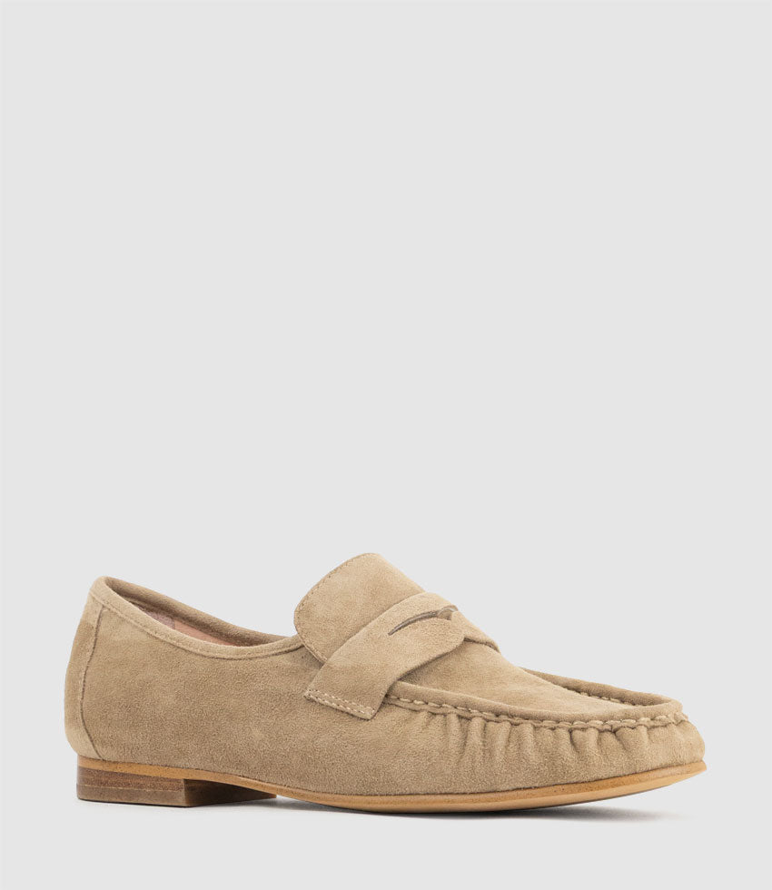 HYPER Ruched Moccasin in Camel Suede - Edward Meller