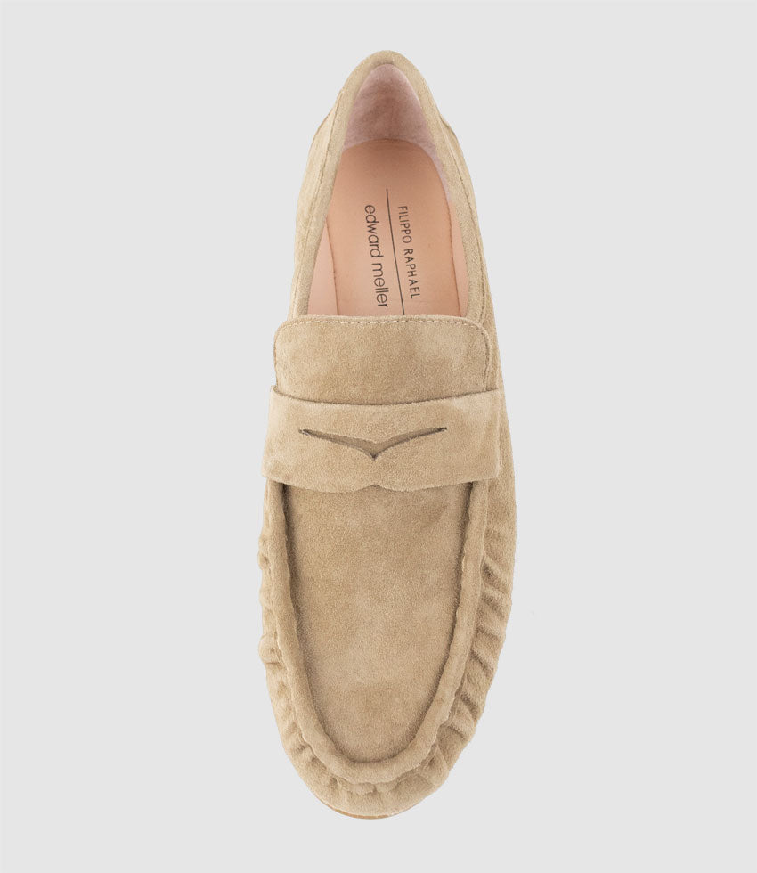 HYPER Ruched Moccasin in Camel Suede - Edward Meller