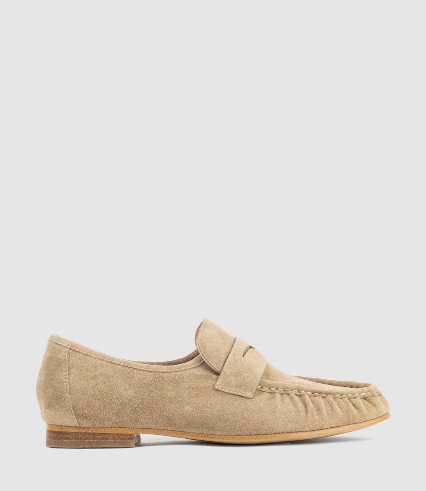HYPER Ruched Moccasin in Camel Suede - Edward Meller