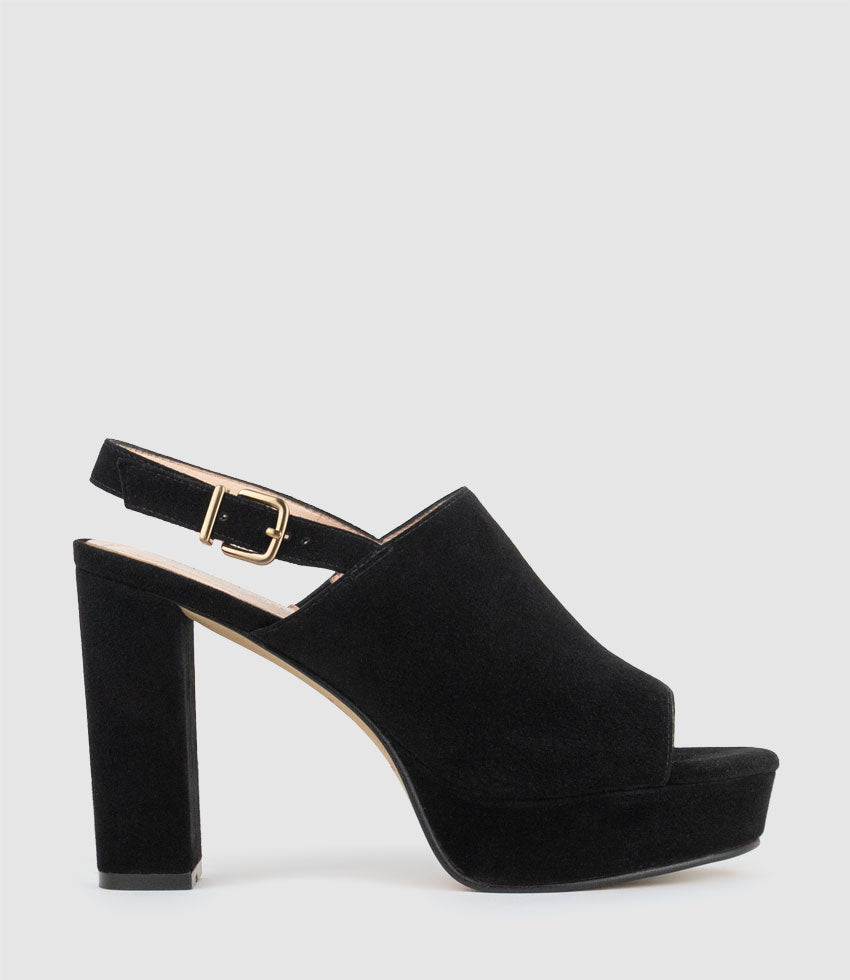 ILKA100 Plaform Mule with Backstrap in Black Suede - Edward Meller