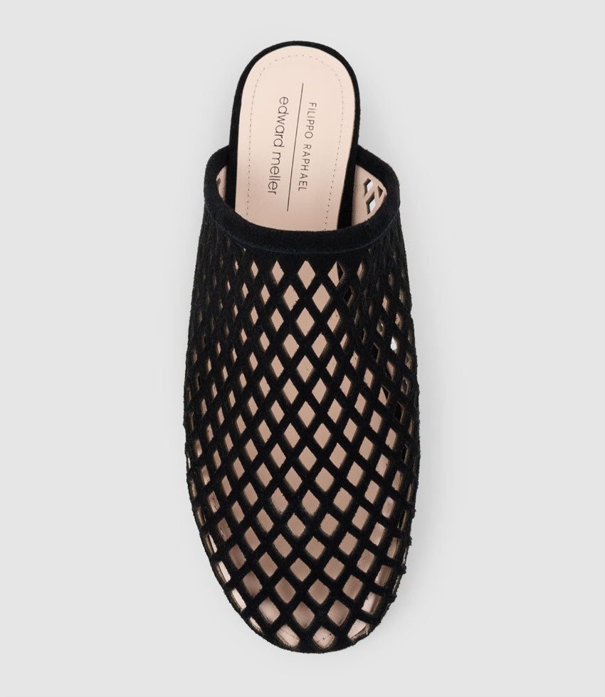 ILYA Laser Cut Slide in Black Suede - Edward Meller