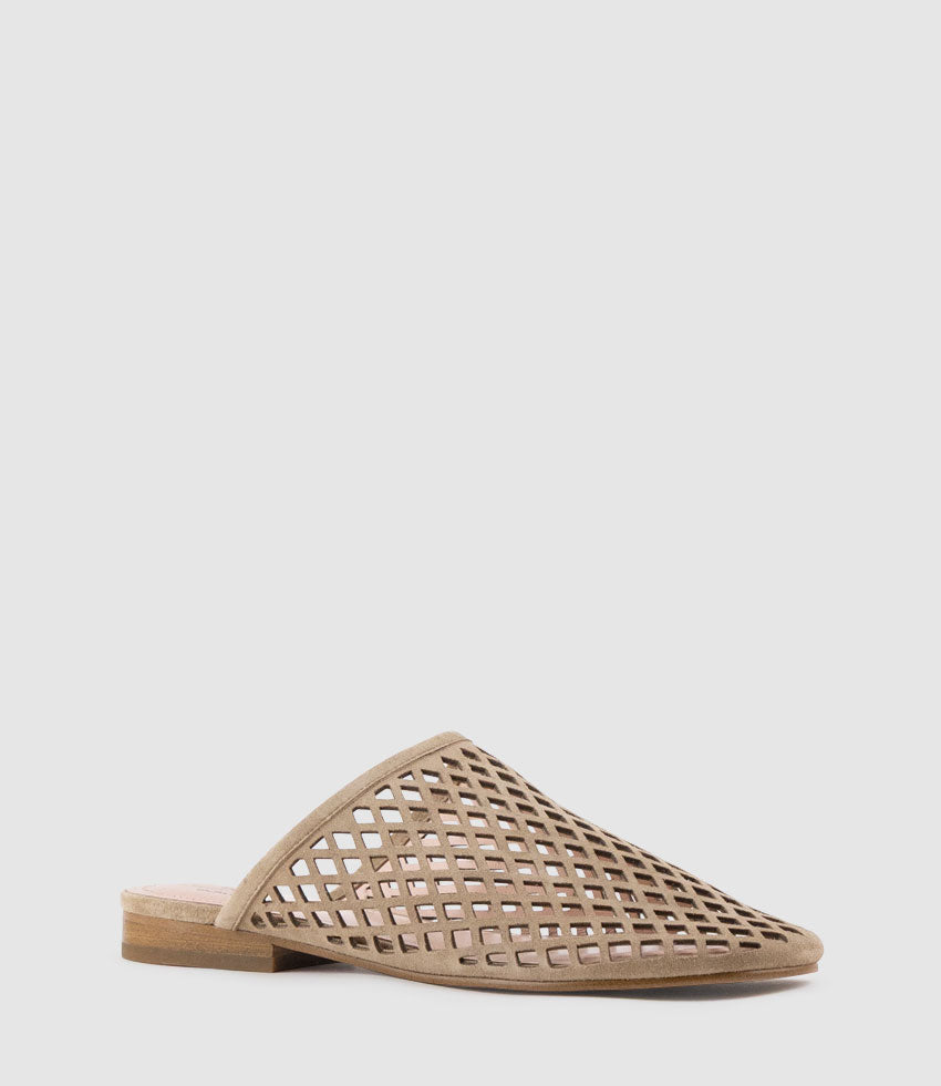 ILYA Laser Cut Slide in Camel Suede - Edward Meller