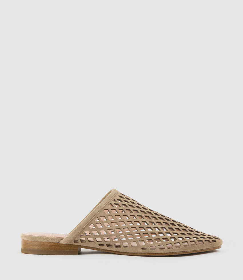 ILYA Laser Cut Slide in Camel Suede - Edward Meller