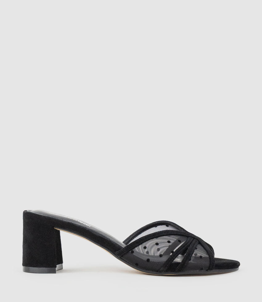 IMOEN55 Polkadot Mesh Slide in Black Suede - Edward Meller