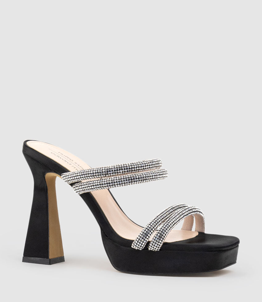 ISLA110 Diamante Mulitband Platform Slide in Black Satin - Edward Meller