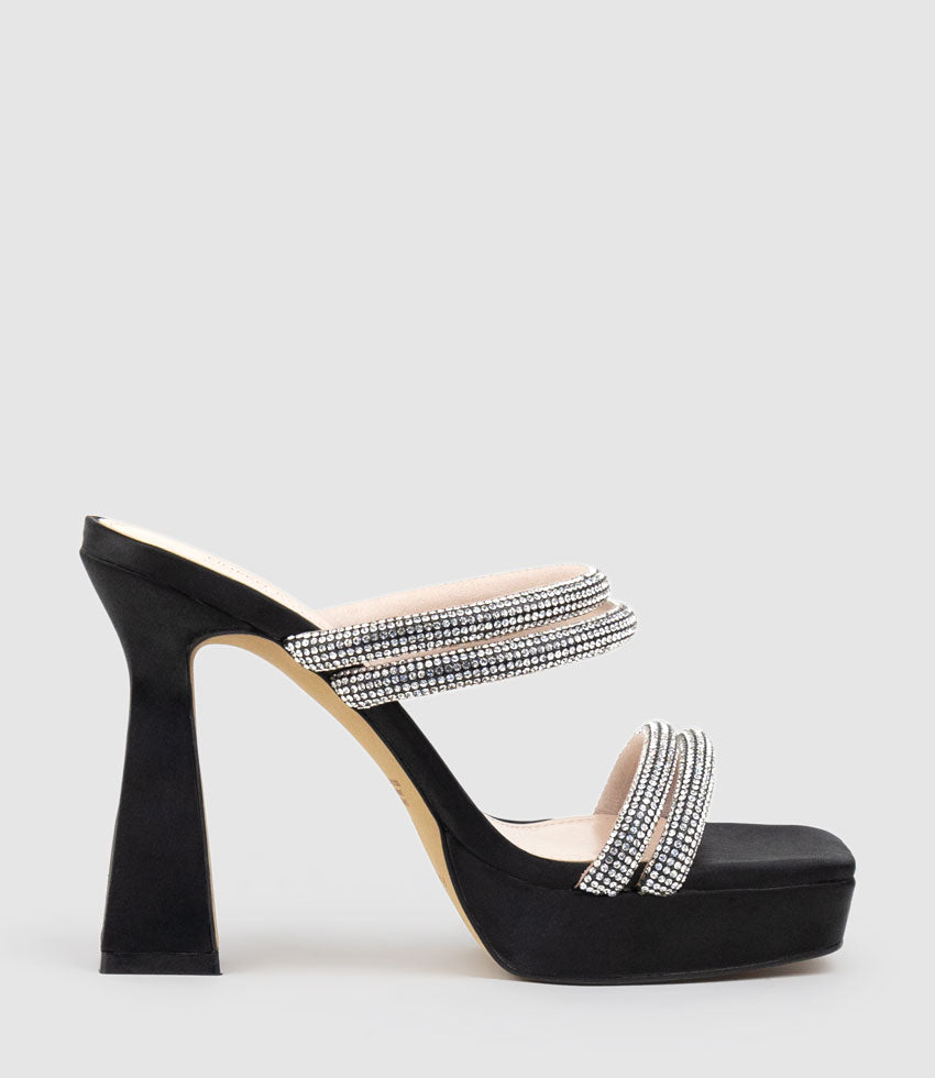 ISLA110 Diamante Mulitband Platform Slide in Black Satin - Edward Meller