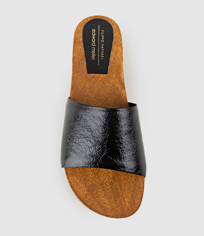 KAIA Slide on Wooden Clog in Black Patent - Edward Meller