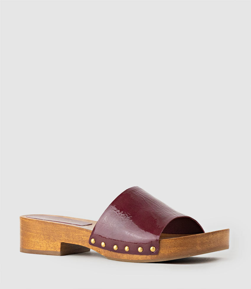 KAIA Slide on Wooden Clog in Merlot Patent - Edward Meller