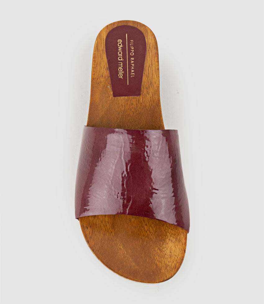 KAIA Slide on Wooden Clog in Merlot Patent - Edward Meller