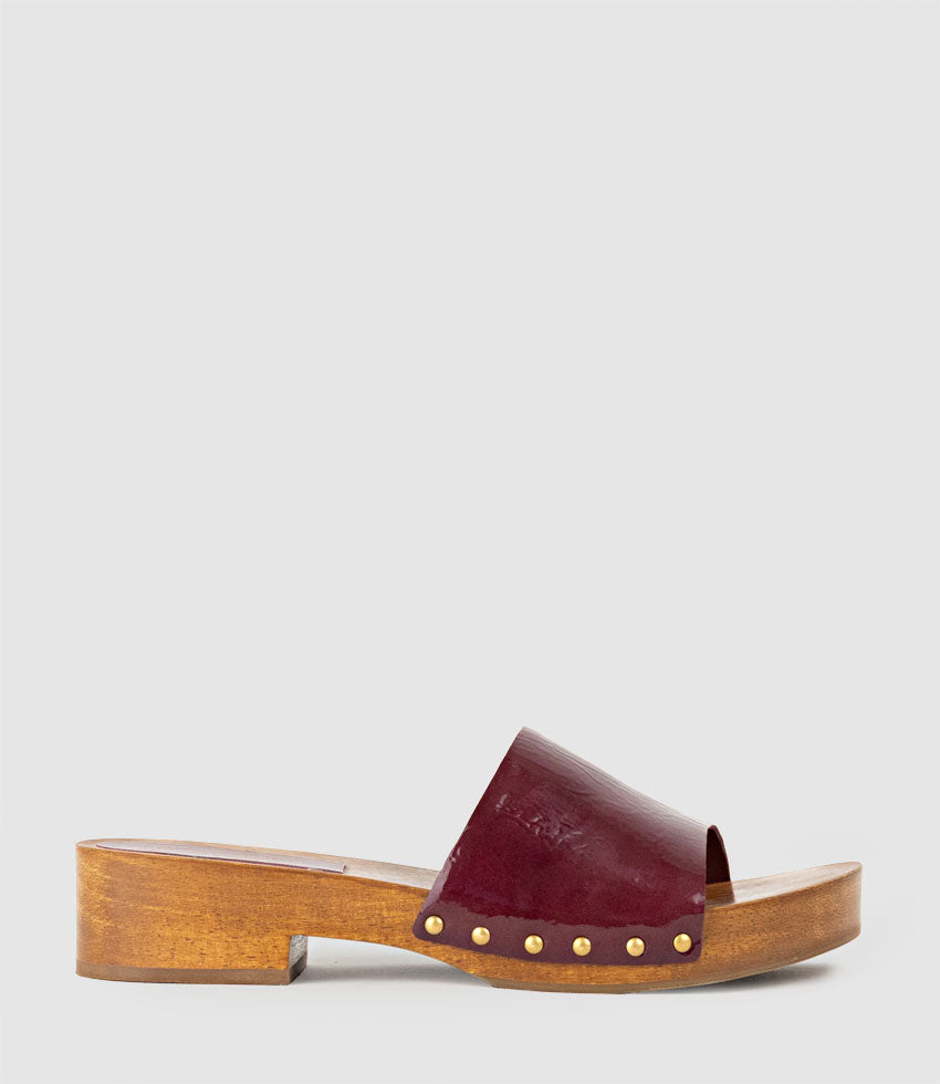 KAIA Slide on Wooden Clog in Merlot Patent - Edward Meller