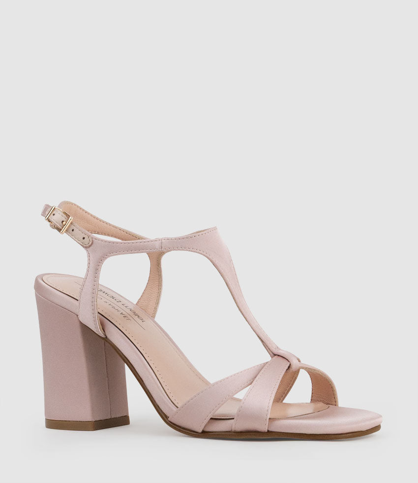 KHLOE85 Block Heel T-Bar Sandal in Blush Satin - Edward Meller