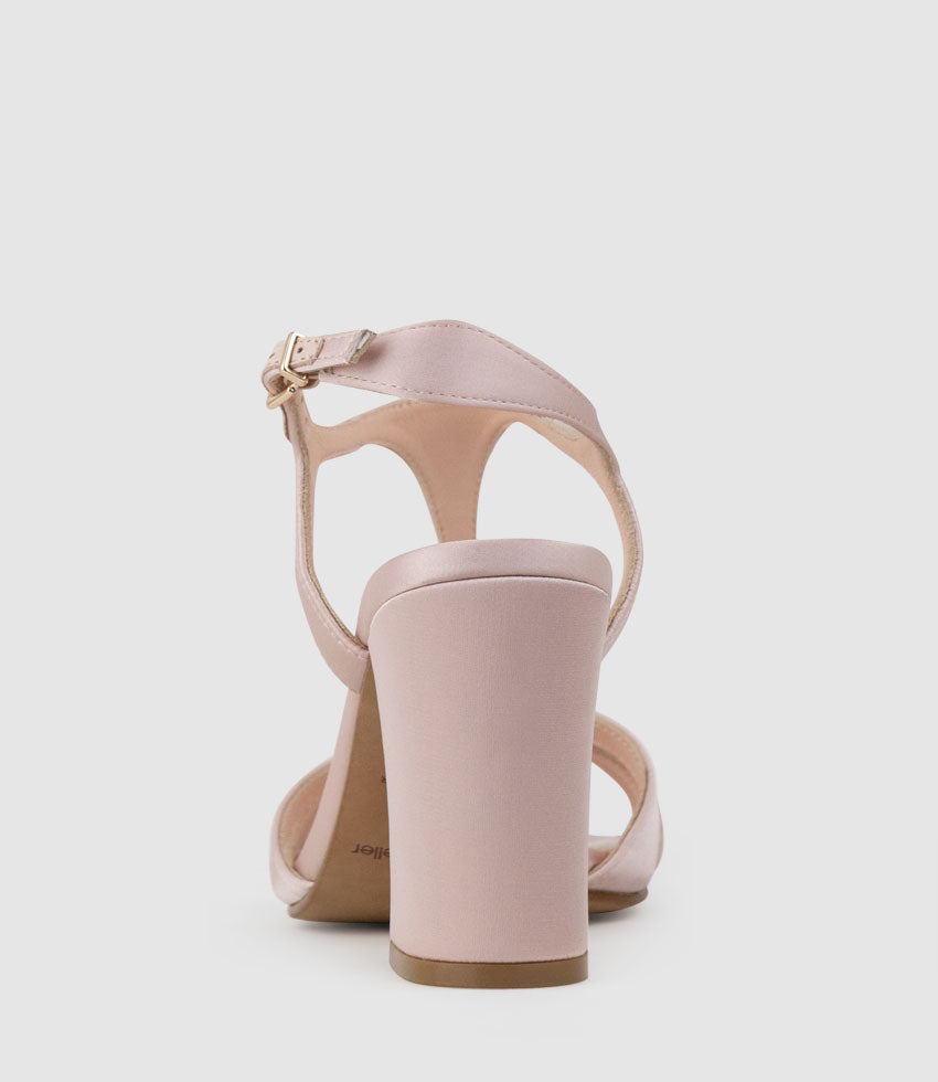 KHLOE85 Block Heel T-Bar Sandal in Blush Satin - Edward Meller