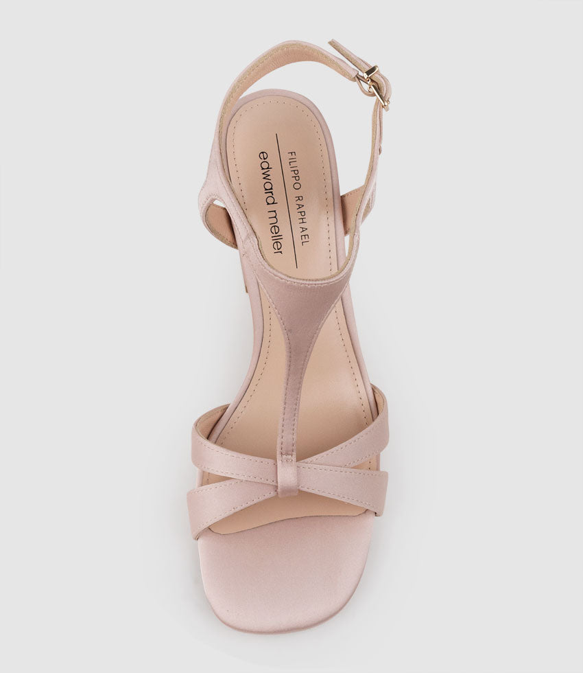 KHLOE85 Block Heel T-Bar Sandal in Blush Satin - Edward Meller