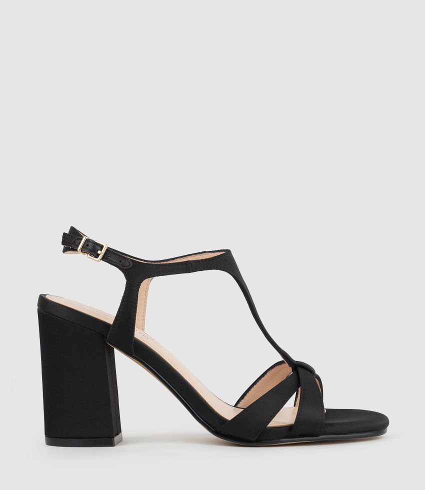 KHLOE85 Block Heel T-Bar Sandal in Black Satin - Edward Meller