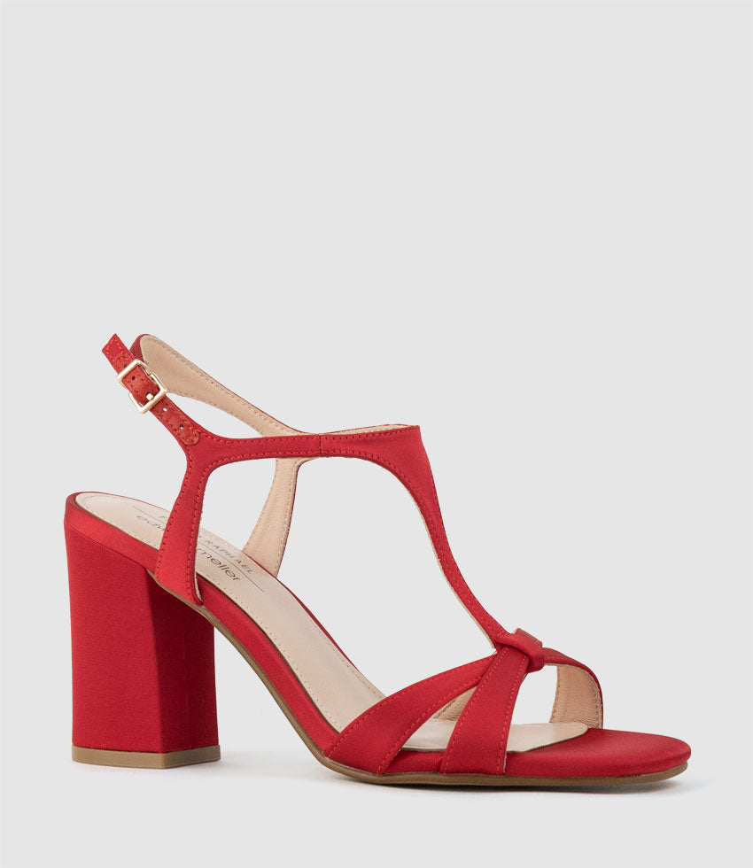 KHLOE85 Block Heel T-Bar Sandal in Red Satin - Edward Meller