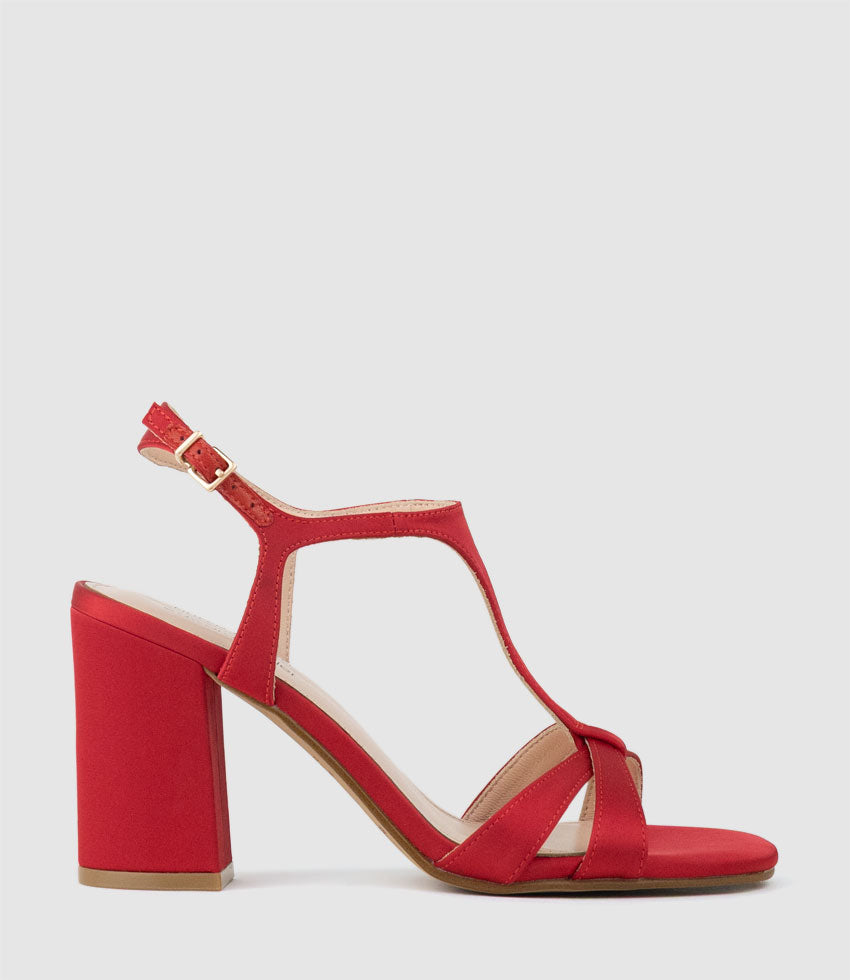 KHLOE85 Block Heel T-Bar Sandal in Red Satin - Edward Meller