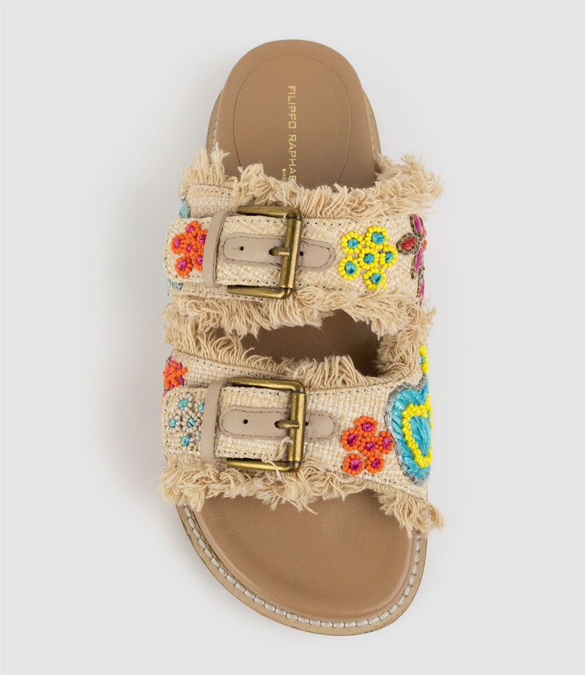 KIMORA Embroidered Slide in Raffia - Edward Meller
